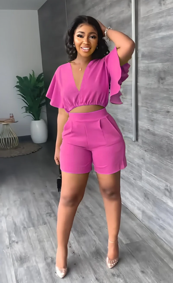 V Neck Ruffled Casual Two Piece Shorts Set